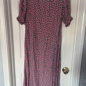 Boden Pink and Green Floral, Tulip Sleeves midi A-line Ruth Dress. US size 10R